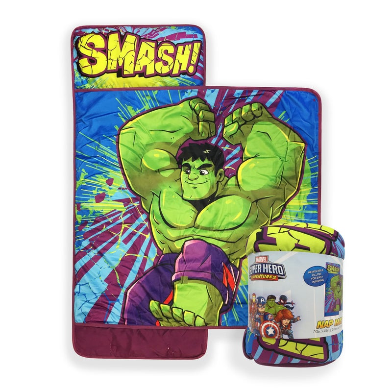 Jay Franco Kids Nap Mat Cartoon Embedded Pillow & Blanket â€“ Soft 46"x20"Microfiber Sleeping Bag with Name Tag & Handle for School, Travel, Sleepover, Green - Hulk - Image 1